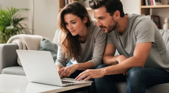 Couple trentenaire consultant leur capacité d'emprunt sur ordinateur portable