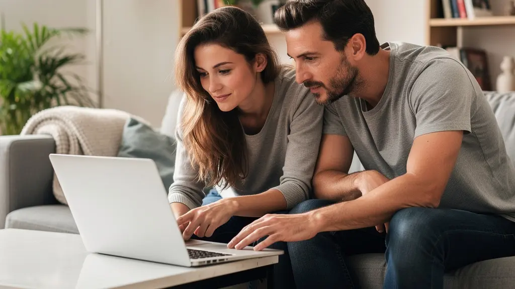Couple trentenaire consultant leur capacité d'emprunt sur ordinateur portable